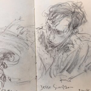 Joanna Quinn Instagram - Some various jazz drawings from the Royal Welsh College of Music and Drama @rwcmd and a very dark basement club in Prague @umalehoglena - drawing in the dark! 

The pics….
1. Lovely Pete transfixed by the students last night
2. A sublime @josephvanparys playing his guitar
3. Yet another engrossed Pete (an American one) 
4. American drummer Jesse Simpson plays the small but great @umalehoglena jazz club in Prague. Drawn in the dark! 
5. @cameron_saint_ plays his bass in disguise. I recognised him under the shades. 
6. Another Jesse Simpson drawing he was soooo good. @umalehoglena 
7. Lovely Bert who is a dancer - cheekbones to die for. ❤️
8. Mr @charlie.herbert playing his electric organ. 
9. The supremely talented composer/harpist & singer @anna_drewniok singing Polish jazz. Stunning performance.
10. @famu_prague_official Animation student and talented guitarist @janpiskac_ entertains us all on the banks of Queen Animator Michaela Pavlatova’s very own lake at her house! Czechs are so cool. 

#sketching #jazz #sketchbook #drawing #czechanimation #ilovedrawing #amserjazztime