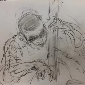 Joanna Quinn Instagram - Some various jazz drawings from the Royal Welsh College of Music and Drama @rwcmd and a very dark basement club in Prague @umalehoglena - drawing in the dark! 

The pics….
1. Lovely Pete transfixed by the students last night
2. A sublime @josephvanparys playing his guitar
3. Yet another engrossed Pete (an American one) 
4. American drummer Jesse Simpson plays the small but great @umalehoglena jazz club in Prague. Drawn in the dark! 
5. @cameron_saint_ plays his bass in disguise. I recognised him under the shades. 
6. Another Jesse Simpson drawing he was soooo good. @umalehoglena 
7. Lovely Bert who is a dancer - cheekbones to die for. ❤️
8. Mr @charlie.herbert playing his electric organ. 
9. The supremely talented composer/harpist & singer @anna_drewniok singing Polish jazz. Stunning performance.
10. @famu_prague_official Animation student and talented guitarist @janpiskac_ entertains us all on the banks of Queen Animator Michaela Pavlatova’s very own lake at her house! Czechs are so cool. 

#sketching #jazz #sketchbook #drawing #czechanimation #ilovedrawing #amserjazztime