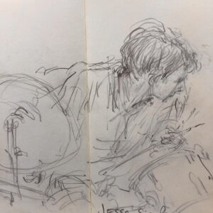 Joanna Quinn Instagram - Some various jazz drawings from the Royal Welsh College of Music and Drama @rwcmd and a very dark basement club in Prague @umalehoglena - drawing in the dark! 

The pics….
1. Lovely Pete transfixed by the students last night
2. A sublime @josephvanparys playing his guitar
3. Yet another engrossed Pete (an American one) 
4. American drummer Jesse Simpson plays the small but great @umalehoglena jazz club in Prague. Drawn in the dark! 
5. @cameron_saint_ plays his bass in disguise. I recognised him under the shades. 
6. Another Jesse Simpson drawing he was soooo good. @umalehoglena 
7. Lovely Bert who is a dancer - cheekbones to die for. ❤️
8. Mr @charlie.herbert playing his electric organ. 
9. The supremely talented composer/harpist & singer @anna_drewniok singing Polish jazz. Stunning performance.
10. @famu_prague_official Animation student and talented guitarist @janpiskac_ entertains us all on the banks of Queen Animator Michaela Pavlatova’s very own lake at her house! Czechs are so cool. 

#sketching #jazz #sketchbook #drawing #czechanimation #ilovedrawing #amserjazztime