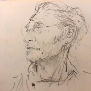 Joanna Quinn Instagram - Some various jazz drawings from the Royal Welsh College of Music and Drama @rwcmd and a very dark basement club in Prague @umalehoglena - drawing in the dark! 

The pics….
1. Lovely Pete transfixed by the students last night
2. A sublime @josephvanparys playing his guitar
3. Yet another engrossed Pete (an American one) 
4. American drummer Jesse Simpson plays the small but great @umalehoglena jazz club in Prague. Drawn in the dark! 
5. @cameron_saint_ plays his bass in disguise. I recognised him under the shades. 
6. Another Jesse Simpson drawing he was soooo good. @umalehoglena 
7. Lovely Bert who is a dancer - cheekbones to die for. ❤️
8. Mr @charlie.herbert playing his electric organ. 
9. The supremely talented composer/harpist & singer @anna_drewniok singing Polish jazz. Stunning performance.
10. @famu_prague_official Animation student and talented guitarist @janpiskac_ entertains us all on the banks of Queen Animator Michaela Pavlatova’s very own lake at her house! Czechs are so cool. 

#sketching #jazz #sketchbook #drawing #czechanimation #ilovedrawing #amserjazztime