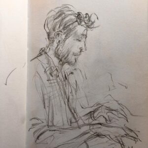 Joanna Quinn Instagram - Some various jazz drawings from the Royal Welsh College of Music and Drama @rwcmd and a very dark basement club in Prague @umalehoglena - drawing in the dark! 

The pics….
1. Lovely Pete transfixed by the students last night
2. A sublime @josephvanparys playing his guitar
3. Yet another engrossed Pete (an American one) 
4. American drummer Jesse Simpson plays the small but great @umalehoglena jazz club in Prague. Drawn in the dark! 
5. @cameron_saint_ plays his bass in disguise. I recognised him under the shades. 
6. Another Jesse Simpson drawing he was soooo good. @umalehoglena 
7. Lovely Bert who is a dancer - cheekbones to die for. ❤️
8. Mr @charlie.herbert playing his electric organ. 
9. The supremely talented composer/harpist & singer @anna_drewniok singing Polish jazz. Stunning performance.
10. @famu_prague_official Animation student and talented guitarist @janpiskac_ entertains us all on the banks of Queen Animator Michaela Pavlatova’s very own lake at her house! Czechs are so cool. 

#sketching #jazz #sketchbook #drawing #czechanimation #ilovedrawing #amserjazztime