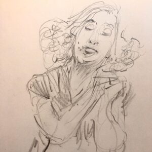 Joanna Quinn Instagram - Some various jazz drawings from the Royal Welsh College of Music and Drama @rwcmd and a very dark basement club in Prague @umalehoglena - drawing in the dark! 

The pics….
1. Lovely Pete transfixed by the students last night
2. A sublime @josephvanparys playing his guitar
3. Yet another engrossed Pete (an American one) 
4. American drummer Jesse Simpson plays the small but great @umalehoglena jazz club in Prague. Drawn in the dark! 
5. @cameron_saint_ plays his bass in disguise. I recognised him under the shades. 
6. Another Jesse Simpson drawing he was soooo good. @umalehoglena 
7. Lovely Bert who is a dancer - cheekbones to die for. ❤️
8. Mr @charlie.herbert playing his electric organ. 
9. The supremely talented composer/harpist & singer @anna_drewniok singing Polish jazz. Stunning performance.
10. @famu_prague_official Animation student and talented guitarist @janpiskac_ entertains us all on the banks of Queen Animator Michaela Pavlatova’s very own lake at her house! Czechs are so cool. 

#sketching #jazz #sketchbook #drawing #czechanimation #ilovedrawing #amserjazztime