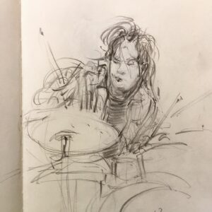 Joanna Quinn Instagram - Here are some recent sketches in my sketchbook. Sadly I can’t remember many names! 
1. A very talented musician who teaches bass at @rwcmd 
2. A brilliant Drummer who teaches at @rwcmd and I missed her name - Liz? 
3 some bloke doing a crossword. 
4 A student singing but not seen her before and missed her name *I must pay more attention*
5. The remarkable drummer @samgreen8865 
6. A friend called Pete. 
7. A great sax player whose name I missed!!! Doh!!! 
8. A chap with the most flamboyant wardrobe.
9 Man in wheelchair waits in A&E
10. Another poor chap waiting hours in A&E. Would love to do a residency sketching in A&E. I’m one of those sad people that enjoys sitting for hours in waiting rooms. 

#sketching #characters #jazz #students #drawing #amserjazztime