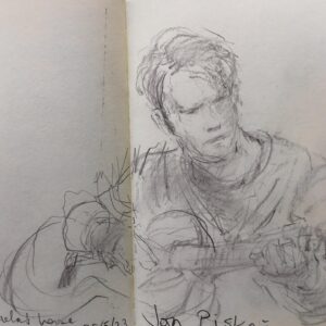 Joanna Quinn Instagram - Some various jazz drawings from the Royal Welsh College of Music and Drama @rwcmd and a very dark basement club in Prague @umalehoglena - drawing in the dark! 

The pics….
1. Lovely Pete transfixed by the students last night
2. A sublime @josephvanparys playing his guitar
3. Yet another engrossed Pete (an American one) 
4. American drummer Jesse Simpson plays the small but great @umalehoglena jazz club in Prague. Drawn in the dark! 
5. @cameron_saint_ plays his bass in disguise. I recognised him under the shades. 
6. Another Jesse Simpson drawing he was soooo good. @umalehoglena 
7. Lovely Bert who is a dancer - cheekbones to die for. ❤️
8. Mr @charlie.herbert playing his electric organ. 
9. The supremely talented composer/harpist & singer @anna_drewniok singing Polish jazz. Stunning performance.
10. @famu_prague_official Animation student and talented guitarist @janpiskac_ entertains us all on the banks of Queen Animator Michaela Pavlatova’s very own lake at her house! Czechs are so cool. 

#sketching #jazz #sketchbook #drawing #czechanimation #ilovedrawing #amserjazztime