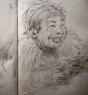 Joanna Quinn Instagram - Some sketches of people I met at @cafoscarishort film festival last week. A unique festival of student films run by students with professor @robertanovielli as their captain. 

1. The gorgeous Japanese film producer @keikommekusakabe in her fabulous fake fur jacket.
2. A study of wrinkles and mascara. A beautiful older  Italian lady that sat by me. Perfect prey! 
3. French film director and screenwriter @pleguay2 I drew him a few times as he has the best animated face! 
4. A poor chap exhausted from waiting. 
5. Film critic & writer Carlo Montenaro @la_fabbrica_del_vedere talking about his unique Venetian museum of early cinema. 
6. The mighty @luc_pil lighting a cigarette. Luca keeps all the cogs of the festival well oiled. 
7. The very special Cecilia Cossio who is a world authority on Indian cinema and the Hindu language. A powerhouse of a woman.
8. My very funny new chum @cynthiafelando who is an academic and writer from Santa Barbara. 
9. Italian Film Director Antonietta De Lillo being interviewed about her work. 
10. Gabrielle on stage interviewing, with her lovely tumbly hair. 

It feels wrong to post happy things while Gaza bleeds but i want to say thank you to those who invited us to Venice and bent over backwards to welcome us and look after us so well. I do not take travel for granted and reminds me of how precious it is to have freedom to travel and not live under violent subjugation. ❤️ 

#Venice #sketching