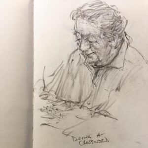 Joanna Quinn Instagram - Here are some recent sketches in my sketchbook. Sadly I can’t remember many names! 
1. A very talented musician who teaches bass at @rwcmd 
2. A brilliant Drummer who teaches at @rwcmd and I missed her name - Liz? 
3 some bloke doing a crossword. 
4 A student singing but not seen her before and missed her name *I must pay more attention*
5. The remarkable drummer @samgreen8865 
6. A friend called Pete. 
7. A great sax player whose name I missed!!! Doh!!! 
8. A chap with the most flamboyant wardrobe.
9 Man in wheelchair waits in A&E
10. Another poor chap waiting hours in A&E. Would love to do a residency sketching in A&E. I’m one of those sad people that enjoys sitting for hours in waiting rooms. 

#sketching #characters #jazz #students #drawing #amserjazztime