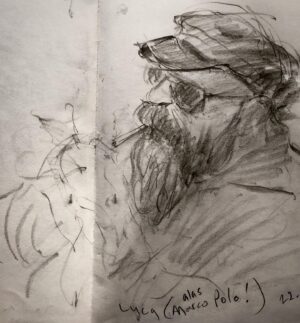 Joanna Quinn Instagram - Some sketches of people I met at @cafoscarishort film festival last week. A unique festival of student films run by students with professor @robertanovielli as their captain. 

1. The gorgeous Japanese film producer @keikommekusakabe in her fabulous fake fur jacket.
2. A study of wrinkles and mascara. A beautiful older  Italian lady that sat by me. Perfect prey! 
3. French film director and screenwriter @pleguay2 I drew him a few times as he has the best animated face! 
4. A poor chap exhausted from waiting. 
5. Film critic & writer Carlo Montenaro @la_fabbrica_del_vedere talking about his unique Venetian museum of early cinema. 
6. The mighty @luc_pil lighting a cigarette. Luca keeps all the cogs of the festival well oiled. 
7. The very special Cecilia Cossio who is a world authority on Indian cinema and the Hindu language. A powerhouse of a woman.
8. My very funny new chum @cynthiafelando who is an academic and writer from Santa Barbara. 
9. Italian Film Director Antonietta De Lillo being interviewed about her work. 
10. Gabrielle on stage interviewing, with her lovely tumbly hair. 

It feels wrong to post happy things while Gaza bleeds but i want to say thank you to those who invited us to Venice and bent over backwards to welcome us and look after us so well. I do not take travel for granted and reminds me of how precious it is to have freedom to travel and not live under violent subjugation. ❤️ 

#Venice #sketching