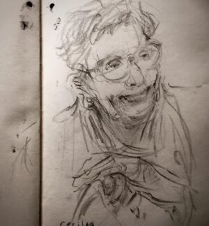 Joanna Quinn Instagram - Some sketches of people I met at @cafoscarishort film festival last week. A unique festival of student films run by students with professor @robertanovielli as their captain. 

1. The gorgeous Japanese film producer @keikommekusakabe in her fabulous fake fur jacket.
2. A study of wrinkles and mascara. A beautiful older  Italian lady that sat by me. Perfect prey! 
3. French film director and screenwriter @pleguay2 I drew him a few times as he has the best animated face! 
4. A poor chap exhausted from waiting. 
5. Film critic & writer Carlo Montenaro @la_fabbrica_del_vedere talking about his unique Venetian museum of early cinema. 
6. The mighty @luc_pil lighting a cigarette. Luca keeps all the cogs of the festival well oiled. 
7. The very special Cecilia Cossio who is a world authority on Indian cinema and the Hindu language. A powerhouse of a woman.
8. My very funny new chum @cynthiafelando who is an academic and writer from Santa Barbara. 
9. Italian Film Director Antonietta De Lillo being interviewed about her work. 
10. Gabrielle on stage interviewing, with her lovely tumbly hair. 

It feels wrong to post happy things while Gaza bleeds but i want to say thank you to those who invited us to Venice and bent over backwards to welcome us and look after us so well. I do not take travel for granted and reminds me of how precious it is to have freedom to travel and not live under violent subjugation. ❤️ 

#Venice #sketching