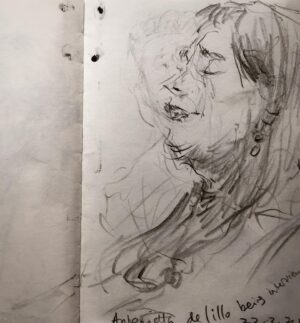 Joanna Quinn Instagram - Some sketches of people I met at @cafoscarishort film festival last week. A unique festival of student films run by students with professor @robertanovielli as their captain. 

1. The gorgeous Japanese film producer @keikommekusakabe in her fabulous fake fur jacket.
2. A study of wrinkles and mascara. A beautiful older  Italian lady that sat by me. Perfect prey! 
3. French film director and screenwriter @pleguay2 I drew him a few times as he has the best animated face! 
4. A poor chap exhausted from waiting. 
5. Film critic & writer Carlo Montenaro @la_fabbrica_del_vedere talking about his unique Venetian museum of early cinema. 
6. The mighty @luc_pil lighting a cigarette. Luca keeps all the cogs of the festival well oiled. 
7. The very special Cecilia Cossio who is a world authority on Indian cinema and the Hindu language. A powerhouse of a woman.
8. My very funny new chum @cynthiafelando who is an academic and writer from Santa Barbara. 
9. Italian Film Director Antonietta De Lillo being interviewed about her work. 
10. Gabrielle on stage interviewing, with her lovely tumbly hair. 

It feels wrong to post happy things while Gaza bleeds but i want to say thank you to those who invited us to Venice and bent over backwards to welcome us and look after us so well. I do not take travel for granted and reminds me of how precious it is to have freedom to travel and not live under violent subjugation. ❤️ 

#Venice #sketching