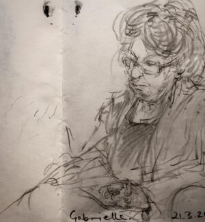 Joanna Quinn Instagram - Some sketches of people I met at @cafoscarishort film festival last week. A unique festival of student films run by students with professor @robertanovielli as their captain. 

1. The gorgeous Japanese film producer @keikommekusakabe in her fabulous fake fur jacket.
2. A study of wrinkles and mascara. A beautiful older  Italian lady that sat by me. Perfect prey! 
3. French film director and screenwriter @pleguay2 I drew him a few times as he has the best animated face! 
4. A poor chap exhausted from waiting. 
5. Film critic & writer Carlo Montenaro @la_fabbrica_del_vedere talking about his unique Venetian museum of early cinema. 
6. The mighty @luc_pil lighting a cigarette. Luca keeps all the cogs of the festival well oiled. 
7. The very special Cecilia Cossio who is a world authority on Indian cinema and the Hindu language. A powerhouse of a woman.
8. My very funny new chum @cynthiafelando who is an academic and writer from Santa Barbara. 
9. Italian Film Director Antonietta De Lillo being interviewed about her work. 
10. Gabrielle on stage interviewing, with her lovely tumbly hair. 

It feels wrong to post happy things while Gaza bleeds but i want to say thank you to those who invited us to Venice and bent over backwards to welcome us and look after us so well. I do not take travel for granted and reminds me of how precious it is to have freedom to travel and not live under violent subjugation. ❤️ 

#Venice #sketching