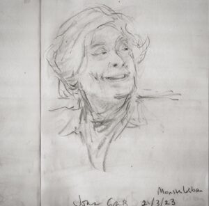 Joanna Quinn Instagram - Festival sketches time! Just had a great week at the @festival_monstra in Lisboa Portugal. I was on jury duty and giving a masterclass with Les. I took my trusty sketchbook and here are some festival folk I drew.
1. Superstar Festival director @fernando_galrito 
2. Superstar film maker @tal.kantor 
3. Estonian superstar @sanderjoon 
4. Legendary clay painting animator  @joangratz ❤️
5. Another superstar Estonian @priittender (real name I asked him) 
6. Monstra technical wizard Bruno Alves ( @naotenhonomenoinsta )
7. Fantastic talk on the history of Japanese animation by super clever Ilan Nguyen 
8 Swiss/German king of all things animation Otto Alder
9. Our super efficient and lovely jury captain, festival director of @animest.ro Ligia Soare 
10. The person who ensures Monstra happens each year. The charming ex architect Miguel Pires de Matos. 
Obrigada Monstra! 
#animationfestival #animation #lisbon #portugueseanimation #animation #filmfestival #film #drawing #sketching #portrait #pencil #sketchbook