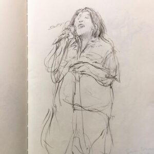 Joanna Quinn Instagram - Here are some recent sketches in my sketchbook. Sadly I can’t remember many names! 
1. A very talented musician who teaches bass at @rwcmd 
2. A brilliant Drummer who teaches at @rwcmd and I missed her name - Liz? 
3 some bloke doing a crossword. 
4 A student singing but not seen her before and missed her name *I must pay more attention*
5. The remarkable drummer @samgreen8865 
6. A friend called Pete. 
7. A great sax player whose name I missed!!! Doh!!! 
8. A chap with the most flamboyant wardrobe.
9 Man in wheelchair waits in A&E
10. Another poor chap waiting hours in A&E. Would love to do a residency sketching in A&E. I’m one of those sad people that enjoys sitting for hours in waiting rooms. 

#sketching #characters #jazz #students #drawing #amserjazztime