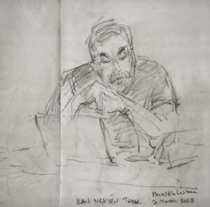 Joanna Quinn Instagram - Festival sketches time! Just had a great week at the @festival_monstra in Lisboa Portugal. I was on jury duty and giving a masterclass with Les. I took my trusty sketchbook and here are some festival folk I drew.
1. Superstar Festival director @fernando_galrito 
2. Superstar film maker @tal.kantor 
3. Estonian superstar @sanderjoon 
4. Legendary clay painting animator  @joangratz ❤️
5. Another superstar Estonian @priittender (real name I asked him) 
6. Monstra technical wizard Bruno Alves ( @naotenhonomenoinsta )
7. Fantastic talk on the history of Japanese animation by super clever Ilan Nguyen 
8 Swiss/German king of all things animation Otto Alder
9. Our super efficient and lovely jury captain, festival director of @animest.ro Ligia Soare 
10. The person who ensures Monstra happens each year. The charming ex architect Miguel Pires de Matos. 
Obrigada Monstra! 
#animationfestival #animation #lisbon #portugueseanimation #animation #filmfestival #film #drawing #sketching #portrait #pencil #sketchbook