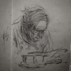 Joanna Quinn Instagram - Some more nosey parker drawings from my trusty spy sketchbook.

1. A bloke reading his paper - *still wearing his Christmas jumper.
2. More in the splendid nose series. A jolly woman with a magnificent nose. 
3. From last week a very animated @cameron_saint_ on his bass 
4. Cool pianist @loz_bridge reclining before going on stage
5. The lovely vocal tones of Jo Chow
6. An onlooker looking puzzled/displeased
7. Bloke at the next table chatting to the woman with magnificent nose (2)
8. The talented Trombonist & announcer @tiggy.blackwell 
9. Ace Saxophonist and band leader @rhysdarooster first time on stage.
10. Keen drummer @zac.jsn - also first time on stage!
#amserjazztime #jazzstudents #fridaynightsketching #superspy
