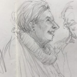 Joanna Quinn Instagram - Some more nosey parker drawings from my trusty spy sketchbook.

1. A bloke reading his paper - *still wearing his Christmas jumper.
2. More in the splendid nose series. A jolly woman with a magnificent nose. 
3. From last week a very animated @cameron_saint_ on his bass 
4. Cool pianist @loz_bridge reclining before going on stage
5. The lovely vocal tones of Jo Chow
6. An onlooker looking puzzled/displeased
7. Bloke at the next table chatting to the woman with magnificent nose (2)
8. The talented Trombonist & announcer @tiggy.blackwell 
9. Ace Saxophonist and band leader @rhysdarooster first time on stage.
10. Keen drummer @zac.jsn - also first time on stage!
#amserjazztime #jazzstudents #fridaynightsketching #superspy