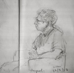 Joanna Quinn Instagram - Festival sketches time! Just had a great week at the @festival_monstra in Lisboa Portugal. I was on jury duty and giving a masterclass with Les. I took my trusty sketchbook and here are some festival folk I drew.
1. Superstar Festival director @fernando_galrito 
2. Superstar film maker @tal.kantor 
3. Estonian superstar @sanderjoon 
4. Legendary clay painting animator  @joangratz ❤️
5. Another superstar Estonian @priittender (real name I asked him) 
6. Monstra technical wizard Bruno Alves ( @naotenhonomenoinsta )
7. Fantastic talk on the history of Japanese animation by super clever Ilan Nguyen 
8 Swiss/German king of all things animation Otto Alder
9. Our super efficient and lovely jury captain, festival director of @animest.ro Ligia Soare 
10. The person who ensures Monstra happens each year. The charming ex architect Miguel Pires de Matos. 
Obrigada Monstra! 
#animationfestival #animation #lisbon #portugueseanimation #animation #filmfestival #film #drawing #sketching #portrait #pencil #sketchbook