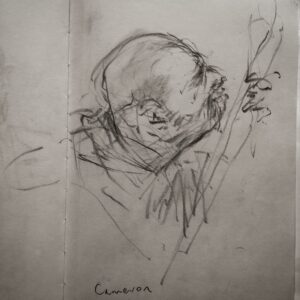 Joanna Quinn Instagram - Some more nosey parker drawings from my trusty spy sketchbook.

1. A bloke reading his paper - *still wearing his Christmas jumper.
2. More in the splendid nose series. A jolly woman with a magnificent nose. 
3. From last week a very animated @cameron_saint_ on his bass 
4. Cool pianist @loz_bridge reclining before going on stage
5. The lovely vocal tones of Jo Chow
6. An onlooker looking puzzled/displeased
7. Bloke at the next table chatting to the woman with magnificent nose (2)
8. The talented Trombonist & announcer @tiggy.blackwell 
9. Ace Saxophonist and band leader @rhysdarooster first time on stage.
10. Keen drummer @zac.jsn - also first time on stage!
#amserjazztime #jazzstudents #fridaynightsketching #superspy
