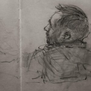 Joanna Quinn Instagram - Some more nosey parker drawings from my trusty spy sketchbook.

1. A bloke reading his paper - *still wearing his Christmas jumper.
2. More in the splendid nose series. A jolly woman with a magnificent nose. 
3. From last week a very animated @cameron_saint_ on his bass 
4. Cool pianist @loz_bridge reclining before going on stage
5. The lovely vocal tones of Jo Chow
6. An onlooker looking puzzled/displeased
7. Bloke at the next table chatting to the woman with magnificent nose (2)
8. The talented Trombonist & announcer @tiggy.blackwell 
9. Ace Saxophonist and band leader @rhysdarooster first time on stage.
10. Keen drummer @zac.jsn - also first time on stage!
#amserjazztime #jazzstudents #fridaynightsketching #superspy