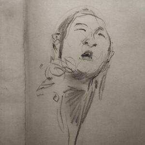 Joanna Quinn Instagram - Some more nosey parker drawings from my trusty spy sketchbook.

1. A bloke reading his paper - *still wearing his Christmas jumper.
2. More in the splendid nose series. A jolly woman with a magnificent nose. 
3. From last week a very animated @cameron_saint_ on his bass 
4. Cool pianist @loz_bridge reclining before going on stage
5. The lovely vocal tones of Jo Chow
6. An onlooker looking puzzled/displeased
7. Bloke at the next table chatting to the woman with magnificent nose (2)
8. The talented Trombonist & announcer @tiggy.blackwell 
9. Ace Saxophonist and band leader @rhysdarooster first time on stage.
10. Keen drummer @zac.jsn - also first time on stage!
#amserjazztime #jazzstudents #fridaynightsketching #superspy