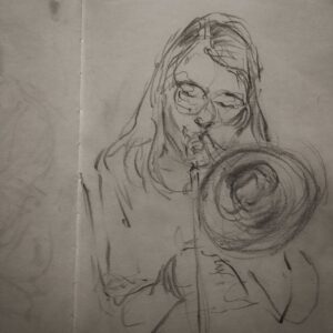 Joanna Quinn Instagram - Some more nosey parker drawings from my trusty spy sketchbook.

1. A bloke reading his paper - *still wearing his Christmas jumper.
2. More in the splendid nose series. A jolly woman with a magnificent nose. 
3. From last week a very animated @cameron_saint_ on his bass 
4. Cool pianist @loz_bridge reclining before going on stage
5. The lovely vocal tones of Jo Chow
6. An onlooker looking puzzled/displeased
7. Bloke at the next table chatting to the woman with magnificent nose (2)
8. The talented Trombonist & announcer @tiggy.blackwell 
9. Ace Saxophonist and band leader @rhysdarooster first time on stage.
10. Keen drummer @zac.jsn - also first time on stage!
#amserjazztime #jazzstudents #fridaynightsketching #superspy