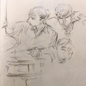 Joanna Quinn Instagram - Here are some recent sketches in my sketchbook. Sadly I can’t remember many names! 
1. A very talented musician who teaches bass at @rwcmd 
2. A brilliant Drummer who teaches at @rwcmd and I missed her name - Liz? 
3 some bloke doing a crossword. 
4 A student singing but not seen her before and missed her name *I must pay more attention*
5. The remarkable drummer @samgreen8865 
6. A friend called Pete. 
7. A great sax player whose name I missed!!! Doh!!! 
8. A chap with the most flamboyant wardrobe.
9 Man in wheelchair waits in A&E
10. Another poor chap waiting hours in A&E. Would love to do a residency sketching in A&E. I’m one of those sad people that enjoys sitting for hours in waiting rooms. 

#sketching #characters #jazz #students #drawing #amserjazztime