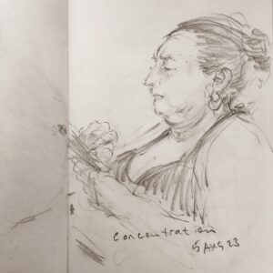 Joanna Quinn Instagram - Hurrah beach sketching 2023 commences! 
Here are some of my nosey drawings so far….
.
.
.
#castelldeferro #sketching #peoplewatching #noseyparker