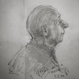 Joanna Quinn Instagram - Here are some belated sketches from my trusty sketchbook. I can’t identify everyone but I’ll try…

1. Some bloke with a splendid nose
2. Animated @cameron_saint_ in action on his double bass.
3 An unidentified great sax player 
4. Super talented @robert_bradbrook part of a panel @liafanimation at the @barbicancentre (un jazz related!) 
5. Amazing Drummer and new head of the jazz course @banto_stix standing in at the last minute for Liane Carroll’s band. 
6. Stunning British Jazz singer and pianist Liane Carroll performing with one arm! 
7. A criminal lawyer called Andrew! What a hoot! 
8. Talented Saxophonist @vausedan_music 
9. The fabulous @laurawilson._ showing us how it’s done. 
10. Forgot to write it down but think this is the lovely @josephvanparys_music 

#sketchbook #noseyparker #jazz #musicians