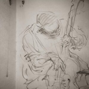 Joanna Quinn Instagram - Here are some belated sketches from my trusty sketchbook. I can’t identify everyone but I’ll try…

1. Some bloke with a splendid nose
2. Animated @cameron_saint_ in action on his double bass.
3 An unidentified great sax player 
4. Super talented @robert_bradbrook part of a panel @liafanimation at the @barbicancentre (un jazz related!) 
5. Amazing Drummer and new head of the jazz course @banto_stix standing in at the last minute for Liane Carroll’s band. 
6. Stunning British Jazz singer and pianist Liane Carroll performing with one arm! 
7. A criminal lawyer called Andrew! What a hoot! 
8. Talented Saxophonist @vausedan_music 
9. The fabulous @laurawilson._ showing us how it’s done. 
10. Forgot to write it down but think this is the lovely @josephvanparys_music 

#sketchbook #noseyparker #jazz #musicians