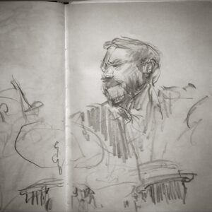 Joanna Quinn Instagram - Here are some belated sketches from my trusty sketchbook. I can’t identify everyone but I’ll try…

1. Some bloke with a splendid nose
2. Animated @cameron_saint_ in action on his double bass.
3 An unidentified great sax player 
4. Super talented @robert_bradbrook part of a panel @liafanimation at the @barbicancentre (un jazz related!) 
5. Amazing Drummer and new head of the jazz course @banto_stix standing in at the last minute for Liane Carroll’s band. 
6. Stunning British Jazz singer and pianist Liane Carroll performing with one arm! 
7. A criminal lawyer called Andrew! What a hoot! 
8. Talented Saxophonist @vausedan_music 
9. The fabulous @laurawilson._ showing us how it’s done. 
10. Forgot to write it down but think this is the lovely @josephvanparys_music 

#sketchbook #noseyparker #jazz #musicians