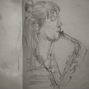 Joanna Quinn Instagram - Here are some belated sketches from my trusty sketchbook. I can’t identify everyone but I’ll try…

1. Some bloke with a splendid nose
2. Animated @cameron_saint_ in action on his double bass.
3 An unidentified great sax player 
4. Super talented @robert_bradbrook part of a panel @liafanimation at the @barbicancentre (un jazz related!) 
5. Amazing Drummer and new head of the jazz course @banto_stix standing in at the last minute for Liane Carroll’s band. 
6. Stunning British Jazz singer and pianist Liane Carroll performing with one arm! 
7. A criminal lawyer called Andrew! What a hoot! 
8. Talented Saxophonist @vausedan_music 
9. The fabulous @laurawilson._ showing us how it’s done. 
10. Forgot to write it down but think this is the lovely @josephvanparys_music 

#sketchbook #noseyparker #jazz #musicians