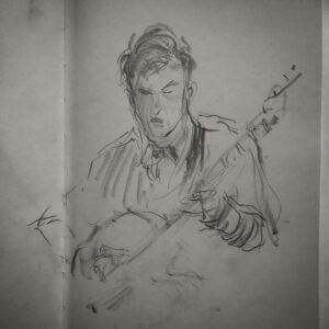 Joanna Quinn Instagram - Here are some belated sketches from my trusty sketchbook. I can’t identify everyone but I’ll try…

1. Some bloke with a splendid nose
2. Animated @cameron_saint_ in action on his double bass.
3 An unidentified great sax player 
4. Super talented @robert_bradbrook part of a panel @liafanimation at the @barbicancentre (un jazz related!) 
5. Amazing Drummer and new head of the jazz course @banto_stix standing in at the last minute for Liane Carroll’s band. 
6. Stunning British Jazz singer and pianist Liane Carroll performing with one arm! 
7. A criminal lawyer called Andrew! What a hoot! 
8. Talented Saxophonist @vausedan_music 
9. The fabulous @laurawilson._ showing us how it’s done. 
10. Forgot to write it down but think this is the lovely @josephvanparys_music 

#sketchbook #noseyparker #jazz #musicians
