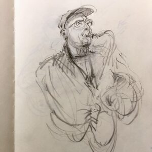 Joanna Quinn Instagram - Here are some recent sketches in my sketchbook. Sadly I can’t remember many names! 
1. A very talented musician who teaches bass at @rwcmd 
2. A brilliant Drummer who teaches at @rwcmd and I missed her name - Liz? 
3 some bloke doing a crossword. 
4 A student singing but not seen her before and missed her name *I must pay more attention*
5. The remarkable drummer @samgreen8865 
6. A friend called Pete. 
7. A great sax player whose name I missed!!! Doh!!! 
8. A chap with the most flamboyant wardrobe.
9 Man in wheelchair waits in A&E
10. Another poor chap waiting hours in A&E. Would love to do a residency sketching in A&E. I’m one of those sad people that enjoys sitting for hours in waiting rooms. 

#sketching #characters #jazz #students #drawing #amserjazztime