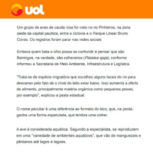 João Doria Instagram - Um sinal de esperança e renovação: aves migratórias retornam ao Rio Pinheiros, testemunhando o renascimento da vida em suas águas. Cumprindo nossa promessa de um Rio Pinheiros limpo e despoluído para São Paulo. Devo cumprimentar o atual governador @tarcisiogdf, por dar continuidade a esta obra. 
Viva a natureza!