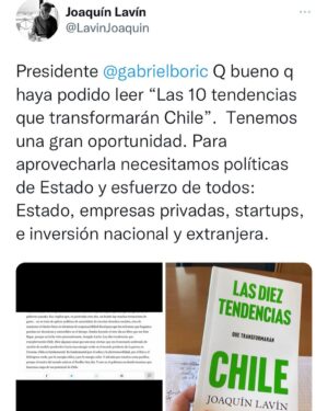 Joaquín Lavín Instagram - Me alegra que el Presidente @gabrielboric haya leído “Las 10 tendencias que transformarán Chile”. Este libro recoge cómo podemos avanzar en el país gracias a nuestra geografía.