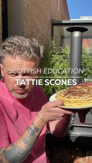 Jock Zonfrillo Instagram - TATTIE SCONES - a Scottish fry-up essential!

My serving suggestion - Glasgow roll, square sausage, fried eggs, bacon, tartan sauce (HP Sauce   Heinz Ketchup). You’ll find yer Scottish accent may just get a wee bit thicker.

INGREDIENTS

500g peeled potato (dutch cream)
120g plain flour
60g unsalted butter
salt

-—————————————
METHOD

1. Cook yer tatties in salty boilin’ water until cooked. 
2. Strain intae a colander and let them steam oot.
3. Pummel yer butter intae yer tatties and fold in the flour.
4. Roll oot between 1/2cm & 3/4cm thick and indent twa lines to give a 1/4 appearance.
5. Cook on a lightly greased pan an serve hot.

For those preferring English….

1. Cook your potatoes in salted boiling water until cooked through’
2. Strain and let them steam out in the colander
3. Mash your butter into the potatoes and fold in the flour
4. Roll out to between ½ and ¾ cm thick and indent two lines to give a 1/4 appearance 
5. Cook on a lightly greased pan and serve hot!