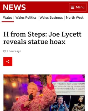 Joe Lycett Instagram - GOTCHA! 😂😂

Well that was fun?!! 

I’d like to thank everyone that supported this insane idea of an 8 ft statue of H from Steps in our incredible little town, Cowbridge! 

If you’ve watched @joelycett last night then you’ll know that it was FAKE NEWS! 

Just a bit of fun to distract from the damaging fake news stories that are made on a daily basis. 

I also knew that this story would shine a spotlight on the keyboard warriors! The ones that whinge day in, day out! And boy did it bring them out! The ones that feel that they are entitled, but do very little to contribute. 

Perhaps if the people that screamed loudly about this could focus on supporting issues that really matter…. local businesses that are struggling, the children’s play park that needs updating, the fact that young people have nowhere to go, donating to food banks, or maybe helping to set up support groups for minorities? 

THAT would be time well spent! 

To everyone who thought that this statue was a great idea! THANKYOU! It’s ridiculous but I’m truly flattered 🙌🏻

Thanks to @joelycett for for letting me part of this crazy and wonderful idea! And for shining a national spotlight on our beautiful town.. COWBRIDGE! I’m so proud to call this beautiful town my home 🏠 

Also, a MASSIVE shout out to @thebear_cowbridge for holding their nerve throughout all of this! 🐻 🏨

Let’s do it again shall we? 😂🙌🏻🌈 

#IsItJoe