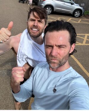 Joel Dommett Instagram - Marathon training is getting serious 🤣 27k this morning with Judd in the ☀️ How am I gonna get on in the Piranha costume?? I have no idea.. apparently the fastest fish to ever run a marathon is 4 hours… Could I be the fastest fish? 🐠💨