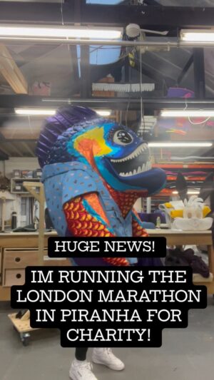 Joel Dommett Instagram - Can’t believe I’m writing this - but I’m running 26.2 miles in the Piranha costume for the incredible charity @sschospices 
They provide end of life care for children and do some amazing work for families in need. After Wilde was born I started to fully realise how important this charity is to the families who need it and I really want to raise LOADS for them. Click the link in my bio to donate.. I thought it was also an amazing chance for everyone to see the costume along the route! So donate something and pop down and cheer me on! 21st April…  I’ll will need your help!  A huge thank you to @dannyjonesofficial for letting me adopt his sweaty fish and to @plungecreations for letting me borrow it! LETS GOOOO!