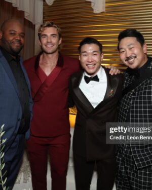 Joel Kim Booster Instagram - Lost, but not feeling like much of a loser this morning. I looked amazing, smooched the love of my life, and got to celebrate this thing that has completely changed my life over the last two years. Everyone should be so lucky. Awards are weird, but this was such a nice way to put this movie to bed. 

Styled by king @chrishoran20 
Face beat by @tracyraffelsonmakeup 
Suit by @toddsnyderny 
Shoes by @giuseppezanotti 
Rings by @davidyurman 
Brooch by Goodwill