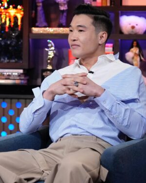 Joel Kim Booster Instagram - Receipts! Proof! Timelines! Screenshots! On WWHL with the Queen herself @heathergay! An absolute honor. Thank you @bravoandy for having me again. 

Styled by @marko_monroe 
Mug beat by @heidipakdel 
Shirt: @boyfriendshirt 
Pants: @alexanderwangny 
Shoes: @gucci