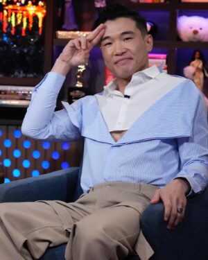 Joel Kim Booster Instagram - Receipts! Proof! Timelines! Screenshots! On WWHL with the Queen herself @heathergay! An absolute honor. Thank you @bravoandy for having me again. 

Styled by @marko_monroe 
Mug beat by @heidipakdel 
Shirt: @boyfriendshirt 
Pants: @alexanderwangny 
Shoes: @gucci