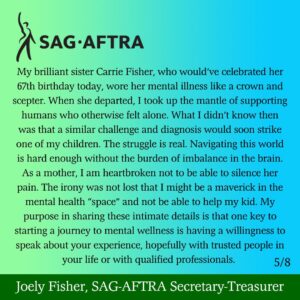 Joely Fisher Instagram - My letter last night to my union siblings…on this my sister #carriefisher heavenly birthday. #onedaylongeronedaystronger #solidarity #mentalhealthawareness #CarrieOnForever #checkinonyourstrongfriends #mentalhealthwarrior #ivegotyourback #67 #aslongasitfuckingtakes #family #MadameSecretary
