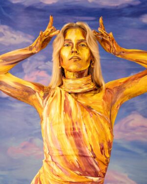 Jonalyn Saxer Instagram - Still one of the coolest experiences of my life. So honored to have been painted by @alexameadeart in the @wonderlanddreamland exhibit. Photographed by the incredible @mike_monaghan 
These are just a few of my favorites from the plethora of photos. 
.
.
.
When @amandajoymeyer contacted me about getting painted I was thrilled, and THEN she asked if I would be okay with Alexa doing something a bit different…. Painting me in all shades of gold, the answer was a resounding YES. It was honor to be a golden girl for the afternoon.