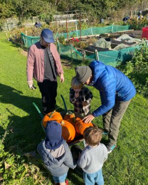Jonnie Irwin Instagram - Probs should’ve stayed inside with my chest infection but would’ve got too much FOMO missing out on visiting uncle @maccaholmes allotment. Sometimes I need a push and seeing the lads enjoy picking some apples, and pumpkins was superb. Unfortunately feeding @jessofjesmond obsession with Halloween is a downside!
#allotment #homegrown #pumpkin #halloween #familytime #toon #greenfingers