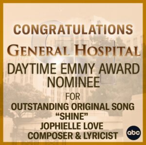 Jophielle Love Instagram - OMG! My first song “Shine” got nominated for a Daytime Emmy!!! I am so excited ! Let’s celebrate team! @derek_w_dooms_music @douglasladnier @johnshartzer and of course @generalhospitalabc !!! Thanks to Frank Valentino to have made this sweet scene for me to sing my song! I am so grateful! To the first of many I hope! ❤️🙏🏻 This is just the beginning for Shine! Stay tuned … and see you all on the carpet, June 7th! @cbstv 

And a special thanks to Noah @noahinsta for the love in the studio … and to Barrett  Yeretsian @ironheartrecords for the new collaboration. 
And how great that this could happen on General Hospital ! Yeah!

#emmy #emmys #emmys2024 #emmynominations #emmynominated #emmynominee #dayimeemmy #daytimeemmys #daytimeemmysnominee #bestoriginalsong2024 #bestoriginalsong #generalhospital #violetfinn #violetbarnes #jophiellelove #firstemmynomination #shine #shinesong #shinejophiellelove
