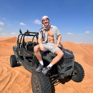 Jordan Davies Instagram - DJing to the Desert 

Day 1 was all about the DJ’ing but today was about exploring the dessert. Getting to Ride camels, sand boarding & driving buggy’s all over the desert was so much fun. 

This was always something I wanted to do when I was here & thank you to the @bnbtravelandtours for taking us on the journey. Was a day to remember. 

Tomorrow it’s back to business 😎🎧 @fivepalmjumeirah