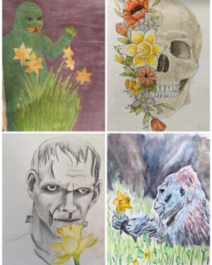 Jorge Garcia Instagram - Wasn’t expecting my quarantine birthday to have any surprises but
-my wife made my grandma’s wine cake
-all of these daffodils painted by my wife and her sisters for their #30DaysOfArt challenge seemed to have a running theme of stuff I like
-and last but not least someone adopted me a gorilla 🦍