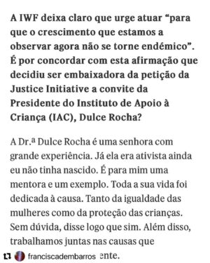 José Raposo Instagram - Estão a tentar eliminar a conta da activista Francisca De Magalhães Barros! Quando se denuncia o que há de errado na sociedade, tende a aparecer um determinado tipo de censura! 

#Repost @franciscadembarros with @use.repost
・・・
Em grande entrevista para o @jornalsol 
Sobre as minhas causas, a entrevista não está completa: falta falar de uma importante causa que combati o ano passado com a jornalista Maria Moreira Rato (Bullying) e que irei falar sobre este ano e onde muitos artistas deram também a cara. No entanto, a petição que me trouxe até esta entrevista: @justiceinitiative.eu @justiceinitiativeportugal @iacinstitutodeapoioacrianca @tania.simao.5 @marco_da_ninja @melaniagomes @rochadulceferreira @carlos.carreiras @carlanunessemedo

140 mil crianças (número de referência da @unicef_portugal que são abusadas sexualmente) ainda não chegamos a esse número de assinaturas em Portugal 🇵🇹. Um de nós por cada criança.