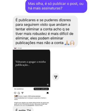 José Raposo Instagram - Estão a tentar eliminar a conta da activista Francisca De Magalhães Barros! Quando se denuncia o que há de errado na sociedade, tende a aparecer um determinado tipo de censura! 

#Repost @franciscadembarros with @use.repost
・・・
Em grande entrevista para o @jornalsol 
Sobre as minhas causas, a entrevista não está completa: falta falar de uma importante causa que combati o ano passado com a jornalista Maria Moreira Rato (Bullying) e que irei falar sobre este ano e onde muitos artistas deram também a cara. No entanto, a petição que me trouxe até esta entrevista: @justiceinitiative.eu @justiceinitiativeportugal @iacinstitutodeapoioacrianca @tania.simao.5 @marco_da_ninja @melaniagomes @rochadulceferreira @carlos.carreiras @carlanunessemedo

140 mil crianças (número de referência da @unicef_portugal que são abusadas sexualmente) ainda não chegamos a esse número de assinaturas em Portugal 🇵🇹. Um de nós por cada criança.