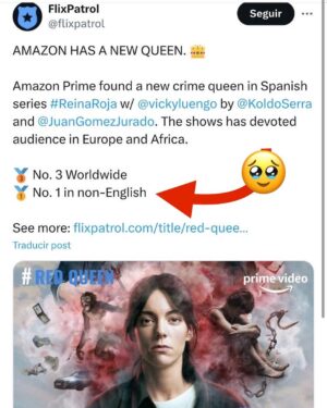 Juan Gómez-Jurado Instagram - #ReinaRoja es la serie #1 de habla no inglesa a nivel mundial, y #3 en total. No sé ni qué decir. Ha sido leer esto y echarme a llorar de agradecimiento e incredulidad. De parte de un juntaletras que nunca ha querido otra cosa que entretener con sus historias, gracias de corazón. Los auténticos artífices de esta locura: Amaya Muruzabal, @Adriii, @VickyLuengo, Hovik, @KoldoSerra, @celiafreijeiro @alexbrende @ed_n @andrea.trepat y Víctor Reyes son los que merecen el reconocimiento. Seguidlos, mandadles un abrazo y dadles las gracias por #ReinaRoja. Os quiero mucho, gracias por estar ahí 🥰
